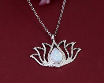 Sterling Silver Lotus Necklace: Handmade White Opal Pendant