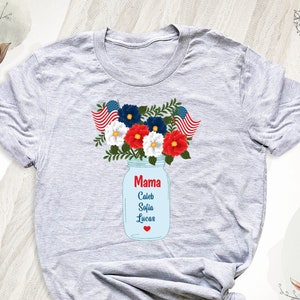 4th of July Mama Grandma Custom Kids Name T-Shirt, Custom Mom Grammy Flower USA Flag Shirt, Happy 4th of July Women Tee, Patriotic Shirt