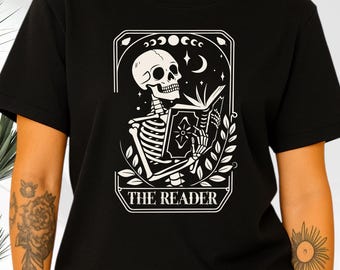 The Reader Skeleton T-shirt Book Reading Skull Tee Gothic Book Lover Tee Spooky Bookworm Shirt Skeleton Reading Book T-Shirt The Reader Tee