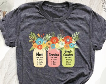 Grandma Floral Custom Shirts, Personalized Mom Grandma Great Grandma Shirt With Kids Names, Mothers Day Shirts, Personalized Mama Flower Tee