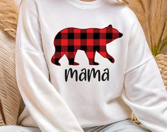 Family Bear Winter Plaid Pattern Sweatshirt, Custom Name Bear Christmas Hoodie, Matching Bear Christmas Long Sleeve, Buffalo Xmas Sweater