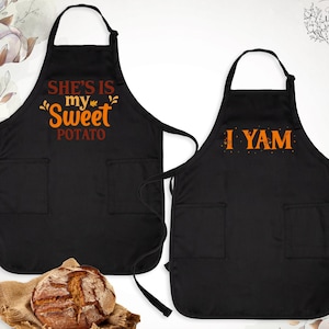 Halloween Couple Apron She&#39;s My Sweet Potato I Yam Aprons, Thanksgiving Christmas Halloween Couples Apron, Halloween His Her Matching Apron