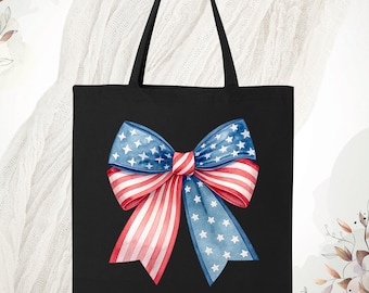 American Flag Tote Bag, 4th Of July Coquette Bow Bag, Festive 4th of July Tote Bag, USA Flag Tote Bag, Stars and Stripes Beach Bag, Flag Bag