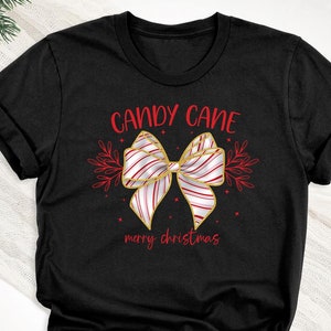 Christmas Candy Cane Bow Shirt, Christmas Party T-Shirt, Candy Cane Christmas Club Tee, Candy Cane Crew Shirts, Candy Cane Christmas Outfit