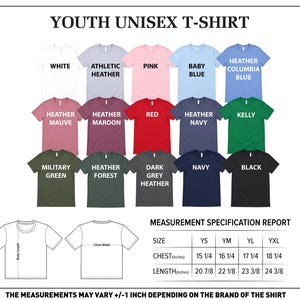 The image is a color chart for youth unisex t-shirts, displaying various color options and corresponding measurements.
