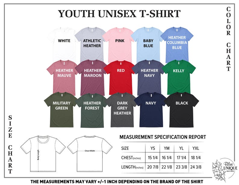 The image is a color chart for youth unisex t-shirts, displaying various color options and corresponding measurements.