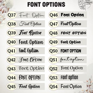 May include: A chart of 18 different font options for a design project. Each font is labeled with a number and the text "Font Option".