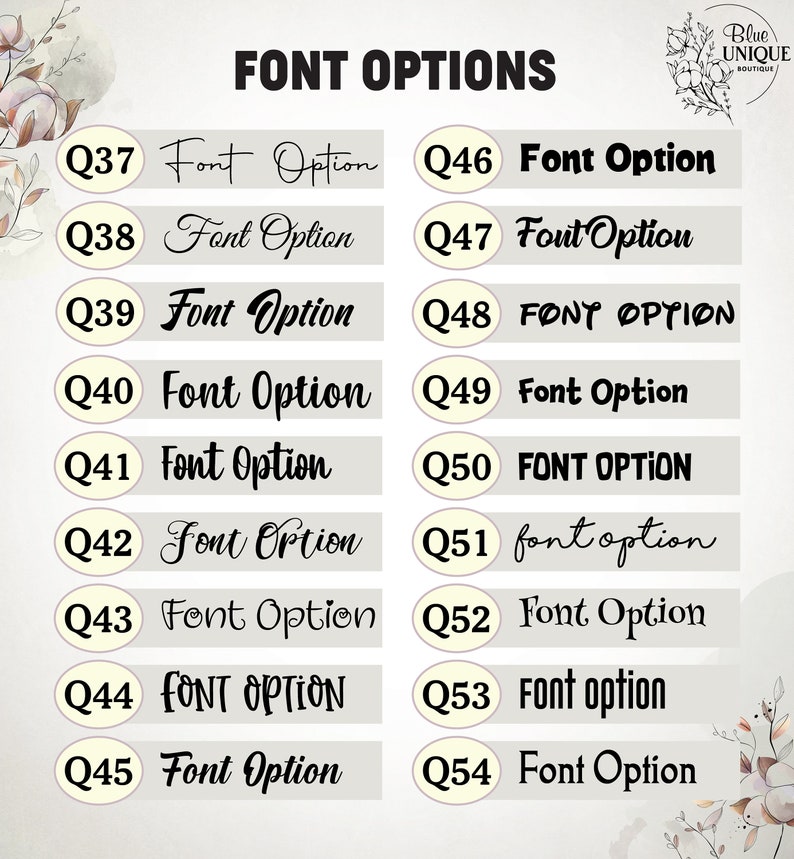 May include: A chart of 18 different font options for a design project. Each font is labeled with a number and the text "Font Option".