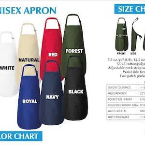 Puede incluir: Un delantal unisex con correa de cuello ajustable y dos bolsillos de parche. Disponible en 10 colores: blanco, natural, rojo, bosque, negro, azul marino, azul real, gris, marr&oacute;n y verde azulado. 7,5 oz/yd&sup2; (US), 12,5 oz/L yd (CA), 55/45 algod&oacute;n/poli&eacute;ster. Talla &uacute;nica.