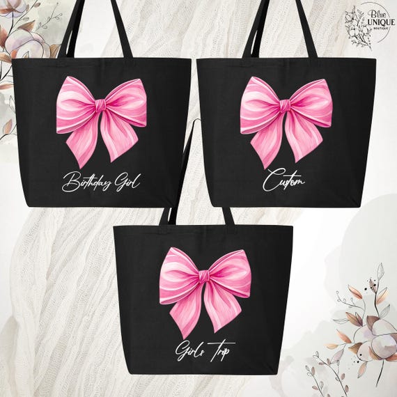 Custom Coquette Pink Bow Tote Bag, Personalized Girls Trip Tote Bag, Birthday Girl Bag, Coquette Bachelorette Party Bag, Wedding Welcome Bag