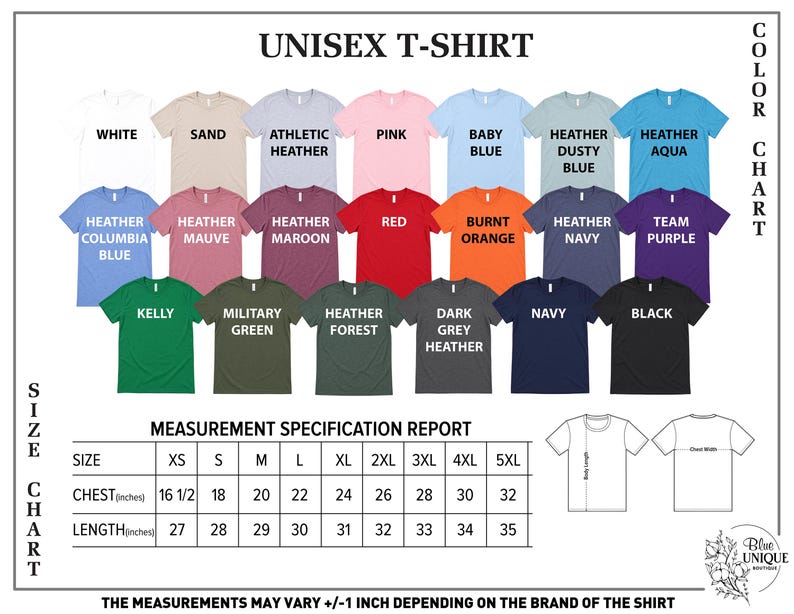 The image is a color chart for a unisex t-shirt, displaying various color options and corresponding sizes. The chart provides a visual representation of the different shirt sizes available, ranging from XS to XL, and includes a measurement chart for each size. The chart also includes a color chart that shows the color options for each size. The measurements and color options may vary depending on the brand of the shirt.