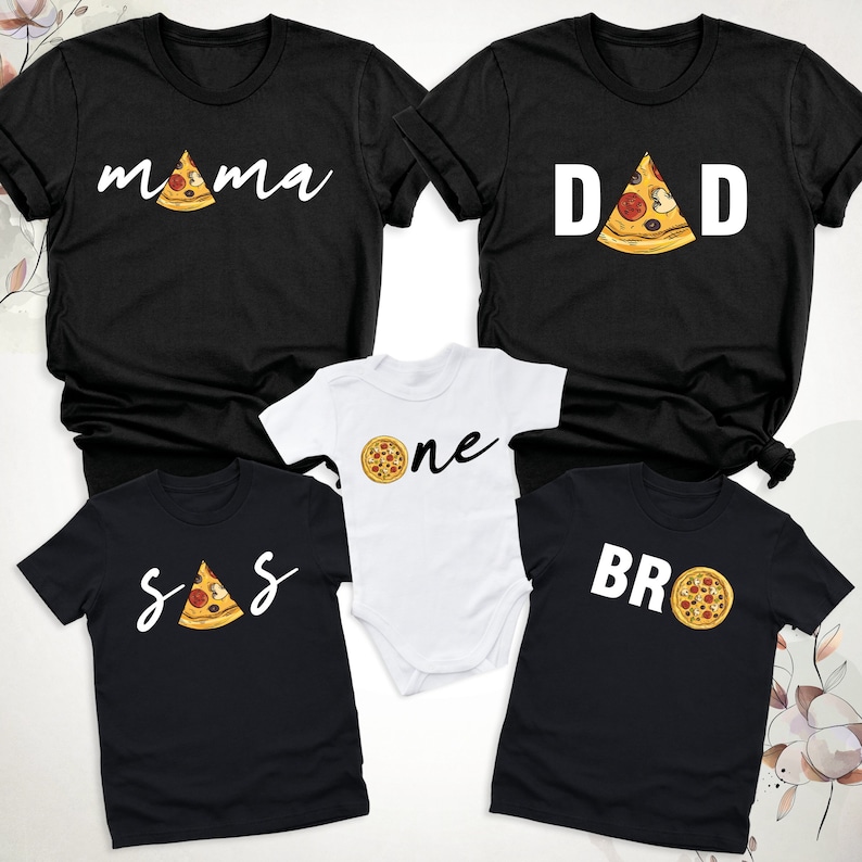 Family Pizza T-Shirt, Pizza Pie & Slices Shirt, Pizza Slice Mom Dad Bro One Baby Son Daughter Matching Shirt, Pizza Theme Birthday Party Tee image 1
