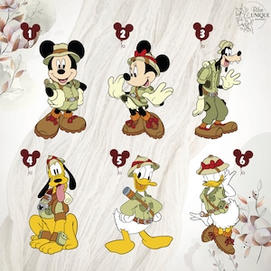 May include: Six cartoon characters dressed in safari outfits. Mickey Mouse, Minnie Mouse, Donald Duck, Daisy Duck, Goofy, and Pluto are all wearing khaki pants, shirts, and hats. They are all smiling and looking at the camera.