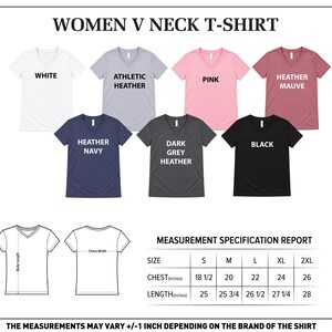 a collection of t-shirt designs in various colors and styles, including a women's neck t-shirt. The image includes a color chart and a measurement specification report for the different sizes of the t-shirt designs.