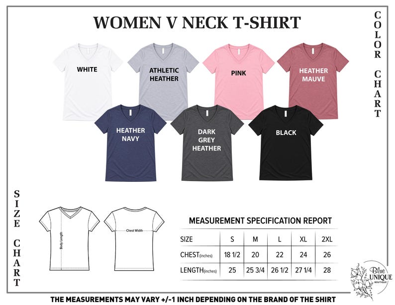 a collection of t-shirt designs in various colors and styles, including a women's neck t-shirt. The image includes a color chart and a measurement specification report for the different sizes of the t-shirt designs.