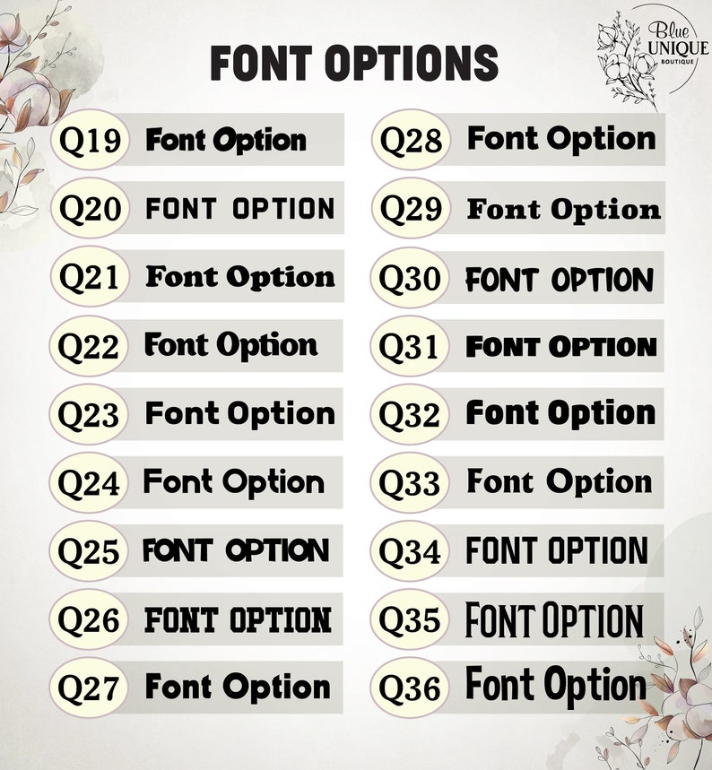 Może przedstawiać: Wykres z 18 opcjami czcionek do personalizacji projektu. Każda opcja jest oznaczona numerem i tekstem "Font Option".