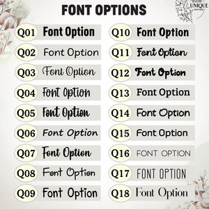 May include: A chart with 18 font options for customizing a design. Each option is labeled with a number and the text "Font Option".