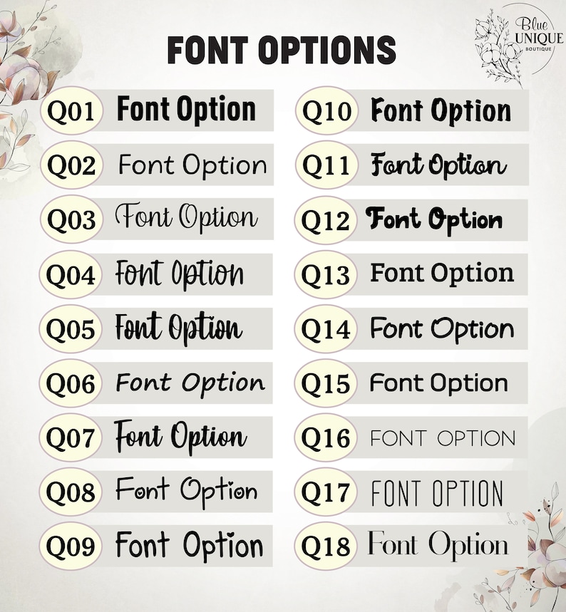 May include: A chart with 18 font options for customizing a design. Each option is labeled with a number and the text "Font Option".