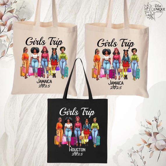 Girls Trip Melanin Black Woman Tote Bag, 2026 Girls Trip Afro Women Bag, Girls Trip Group Matching Bags, Custom Girls Weekend Vacation Bag