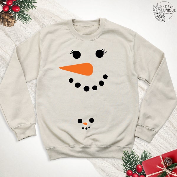 Pregnancy Reveal Snowman Face Sweatshirts, Christmas Snowwoman Pregnancy Long Sleeve, Matching Couple Winter Hoodie, Xmas Maternity Gift