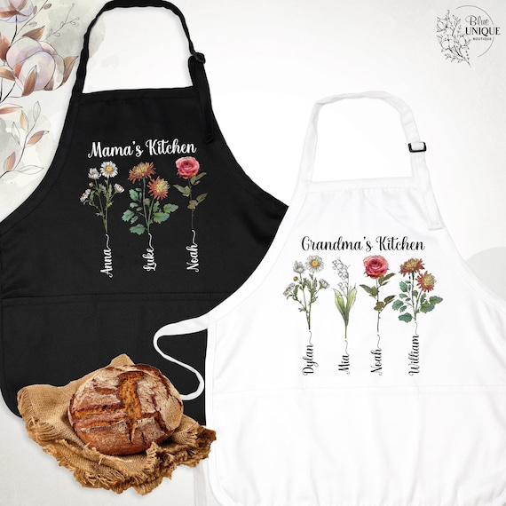 Custom Mama Grandma Apron Mothers Day, Birthday Tees Apron For Mom, Birth Mont Flower Nana's Garden Apron, Mama's Grandma's Kitchen Apron