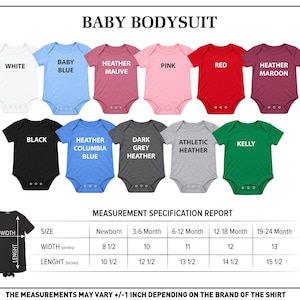 a collection of baby onesies in various colors, including white, blue, pink, red, black, grey, and green. The onesies are arranged in a chart format, providing size and color information for each one.
