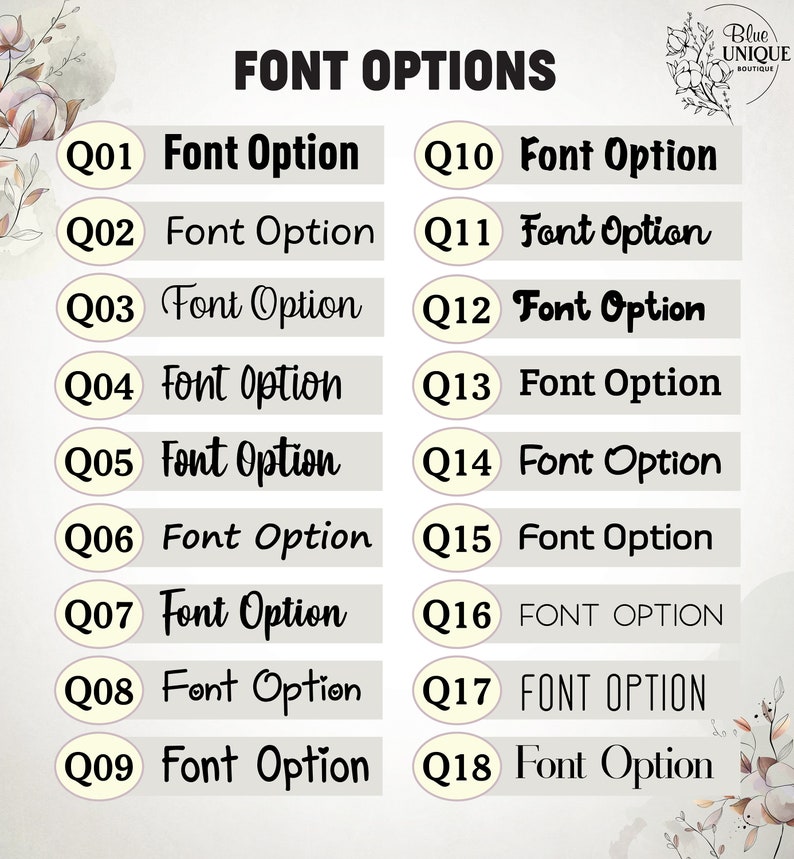 May include: A chart with 18 font options for customizing a design. Each option is labeled with a number and the text "Font Option".