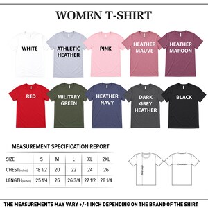 The image is a color chart for women's t-shirts, displaying various color options and corresponding measurements for different sizes.