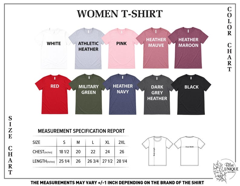 The image is a color chart for women's t-shirts, displaying various color options and corresponding measurements for different sizes.
