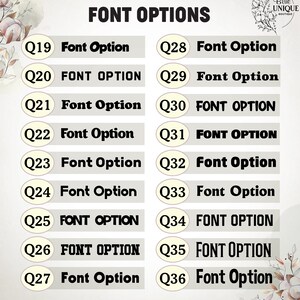 May include: A chart with 18 font options for customizing a design. Each option is labeled with a number and the text "Font Option".