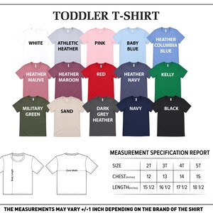 a collection of colorful toddler t-shirts in various colors and sizes, along with a measurement chart that provides size and chest width specifications for each t-shirt.