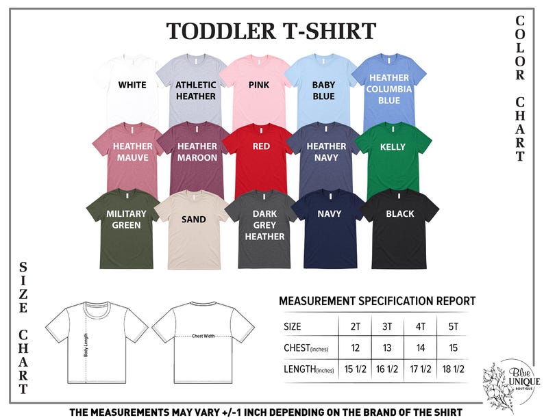 a collection of colorful toddler t-shirts in various colors and sizes, along with a measurement chart that provides size and chest width specifications for each t-shirt.