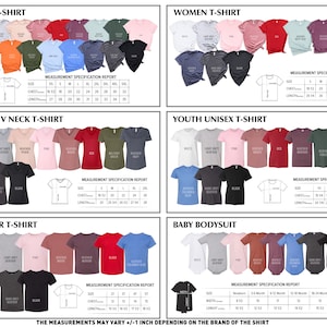 May include: A chart showing different styles of t-shirts and bodysuits in various colors, including white, light heather, pink, heather red, heather maroon, heather navy, dark heather, black, and blue. The chart includes measurement specifications for each size, including chest and length in inches.