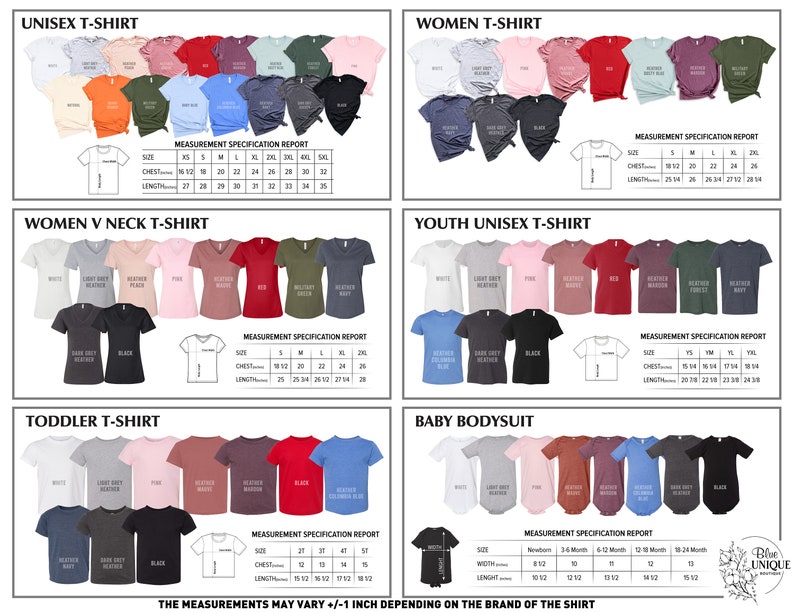 May include: A chart showing different styles of t-shirts and bodysuits in various colors, including white, light heather, pink, heather red, heather maroon, heather navy, dark heather, black, and blue. The chart includes measurement specifications for each size, including chest and length in inches.