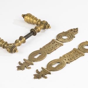 Könnte beinhalten: Antikes Türbeschlagsset aus Messing, einschließlich zweier verzierter Rosetten und eines Türgriffs. Die Beschläge weisen detaillierte Blumen- und Rankenmuster auf und zeigen eine Vintage-Ästhetik.