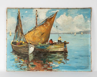 Vintage Impressionistic Oil Painting - Fishing Boats