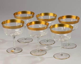 Set of 6 Crystal Champagne Coupes - Gold Rim