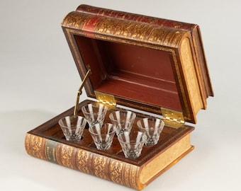 Decorative liqueur box faux books with crystal shot glasses