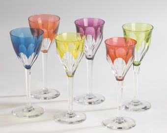 Set of 6 Colored Wine Glasses - Val Saint Lambert - Crystal