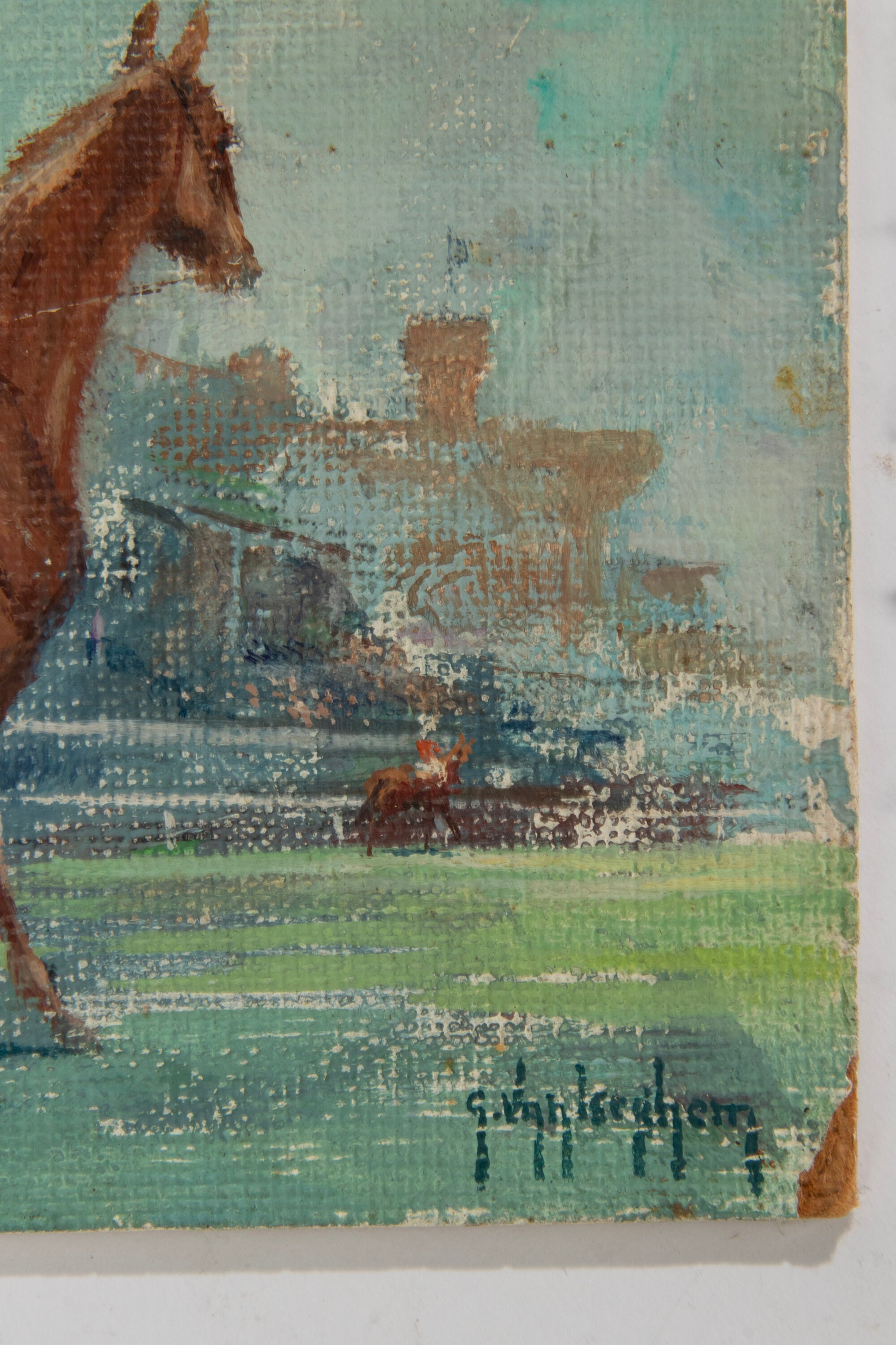 アンティーク絵画 - ボード上の水彩画 - 馬に乗った騎手 - ガイ