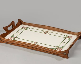 Bandeja para servir - Art Nouveau - Cerámica y madera