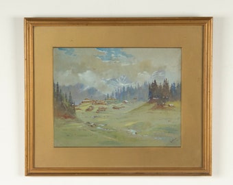 Antique Mountain Landscape Gouache Painting - Dated 1923