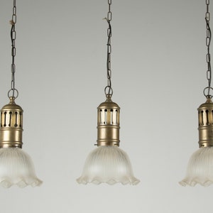 Set of Three Vintage Copper–Glass ceiling Lamps / Kitchen Lamps