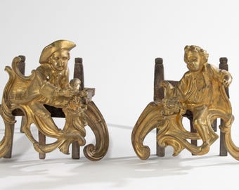 Set van 2 Antieke Vuurbokken - Brons en Gietijzer