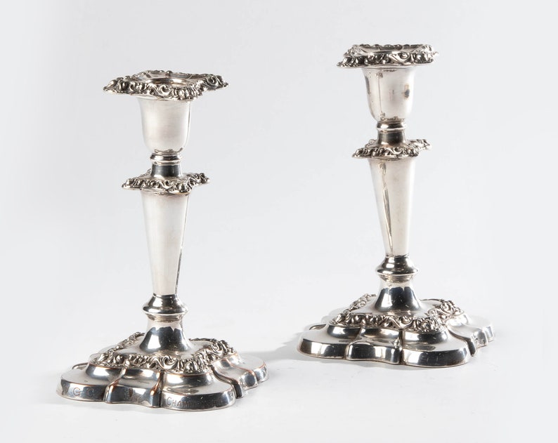 Pair English Vintage Silver Plated Candlesticks image 1