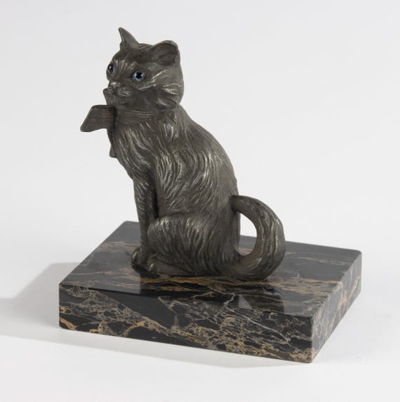 Antiek Beeldje van een Kat - Spelter en Marmer