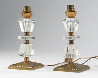 Vintage Leleu Style Brass with Crystal Table Lamps Hollywood Regency