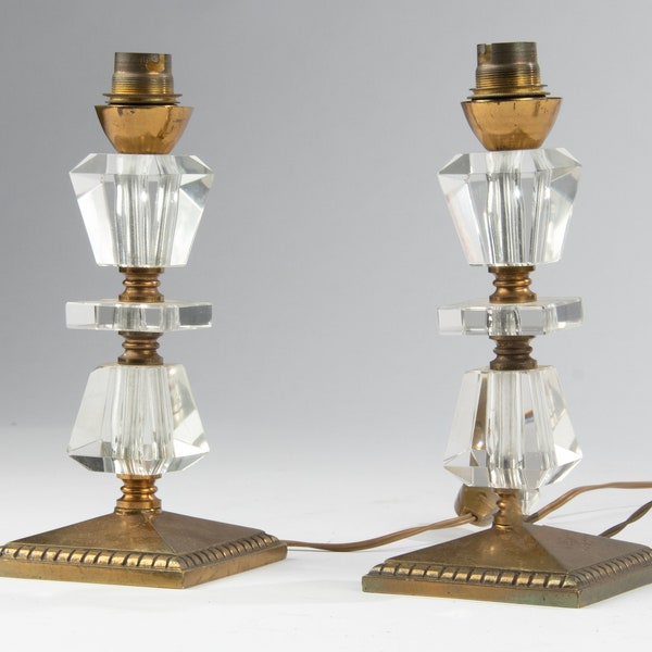 Vintage Leleu Style Brass with Crystal Table Lamps Hollywood Regency