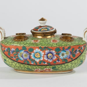 Antique Hand Painted Porcelain Inkwell