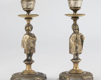 Set of 2 Small Antique Bronze Candlesticks